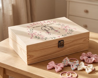 Personalised Hair Bow Storage Box | Wooden Bobbles & Bows Box for Girls