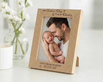 First Fathers Day Frame | Personalised Daddy Photo Frame, Engraved Wood Dad Gift