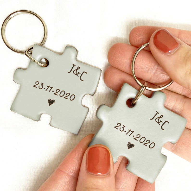 Husband Wife Gift - Pair of Personalised Puzzle Keyrings, Oak Bark Tanned Leather, Choice of Colours, Optional Gift Bag or Box 
