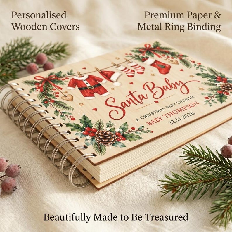 Santa Baby Shower Guest Book, Personalised Wooden Christmas Baby Shower ...