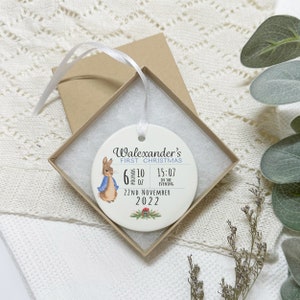 Personalised First Christmas Decoration, Baby's 1st Xmas Hanging Ceramic Bauble with Baby Birth Details, Optional Gift Box, Colour Choice image 4