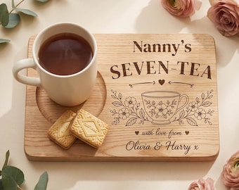Personalised 70th Birthday Tea & Biscuit Board – SEVEN-TEA Wooden Treat Tray