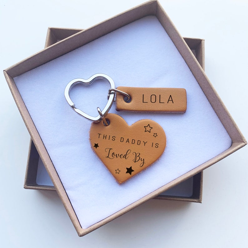 a handmade custom Engraved high quality Leather Keyring with Heart shaped stainless steel key ring is the best gift for dad