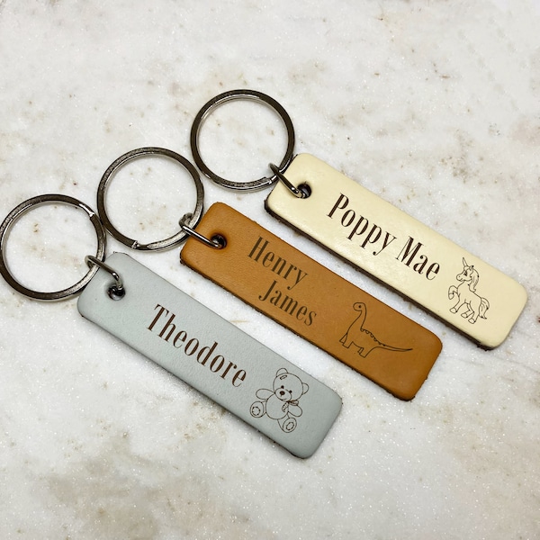 Childrens Name Keyring, Bag Tag. Kids Keychain. Leather Backpack Name Tag. Engraved Book Bag, Nursery Bag, Baby Changing Bag Charm