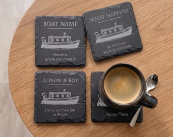 Narrowboat Gift, Personalised Slate Coasters with Your Boat Name Engraved, Set of 4