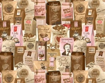 Perk Up Vanilla Small Batch Coffee Quilt Fabric, Michael Miller, Coffee Shop, Vintage, Café, Retro