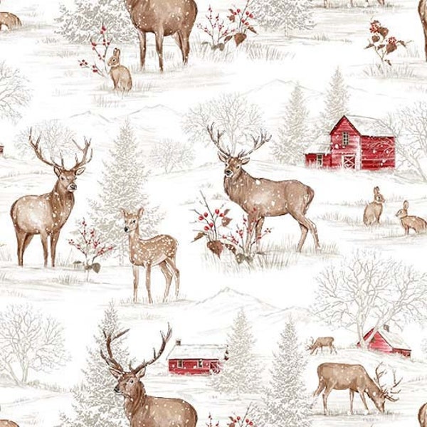 Winter Solstice Snow Drifts Fabric by Michael Miller, White, Deer in Snow, Barn, Cabin, Pine Trees