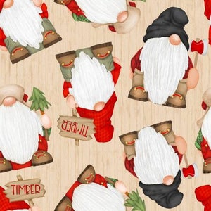 Timber Gnomies on Wood Fabric by, Henry Glass, Gnome Fabric, Christmas Fabric, Quilting Fabric