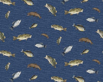 Wake at the Lake Fish Toss Navy Blue Fabric by Riley Blake Designs, Cabin, Fishing, Quilting Fabric
