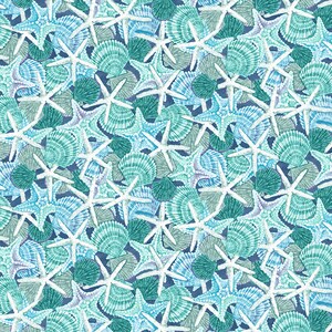 Salt & Sea, Packed Shells and Starfish, Blue, Henry Glass, Ocean, Beach Fabric