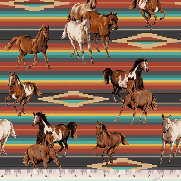 Spirit Trail Cotton/Canvas Fabric by Windham, Thoroughbreds, Horses, Southwestern, Navajo