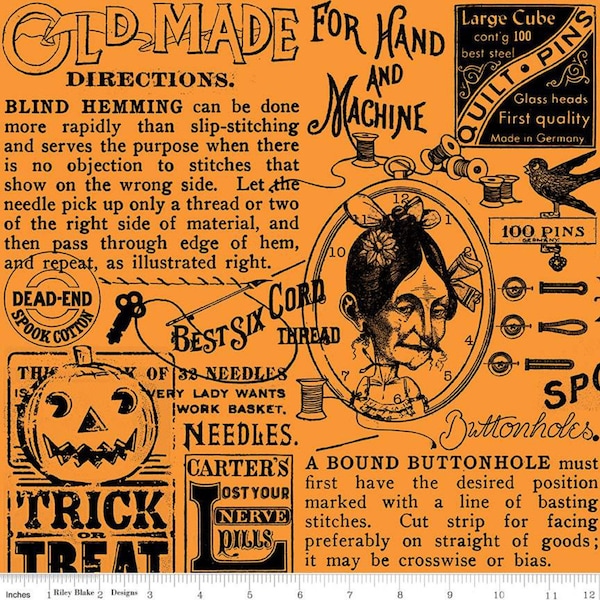 Old Made Scattered Images and Text Words on Orange Halloween Fabric, Riley Blake Designs, J. Wecker Frisch