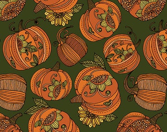 May include: A seamless pattern featuring orange pumpkins with intricate details on a dark green background. The pumpkins are decorated with swirls, leaves, and sunflowers.