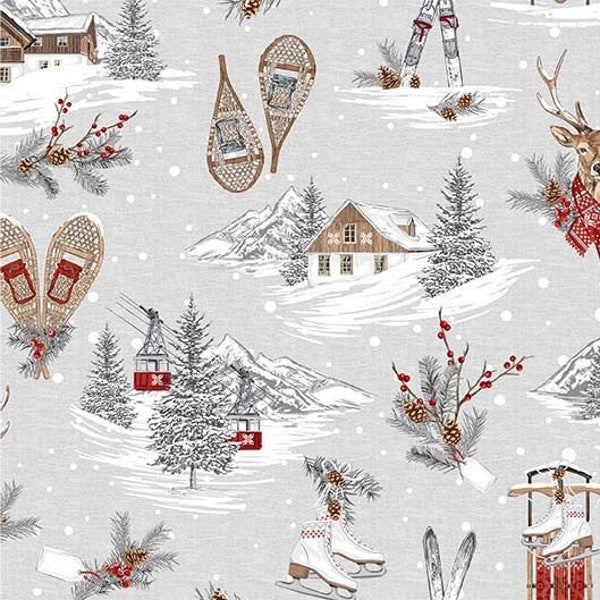 Winter Solstice Cozy Cabin Fabric by Michael Miller, Gray, Skiing, Cabin, Ski Lift, Snow Shoes