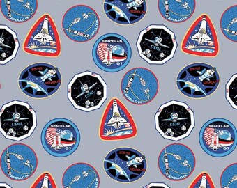 Out of This World NASA Patches Gray, Fabric by the Yard or Half Yard, Riley Blake Designs, Space Fabric, Badges