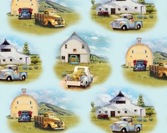 Pickup Trucks and Barns Scenic Fabric by Elizabeth's Studio, Blue