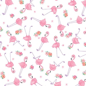 Flamingal Pals Fabric by Benartex, Flamingals White, Mini Flamingos on White, Quilting Fabric