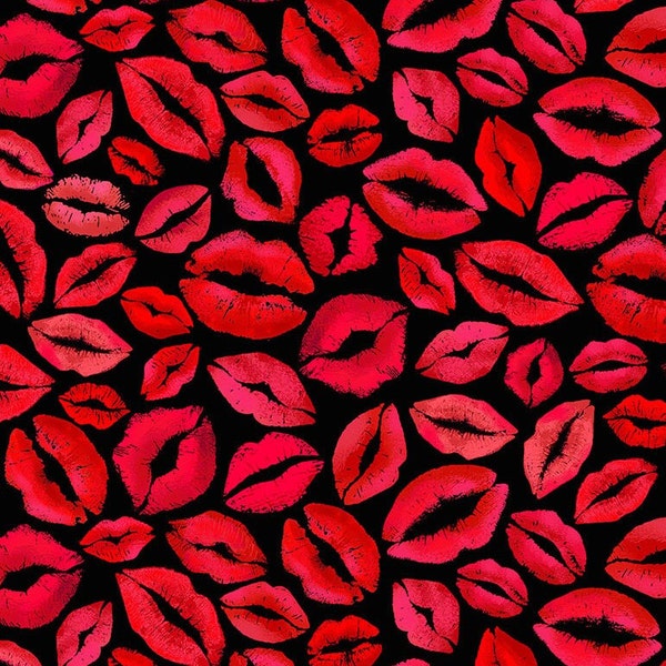 Red Lips and Kisses Fabric by the Yard, Half Yard, Timeless Treasures, Lips on Black