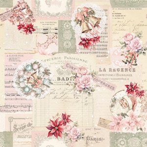 May include: A decorative paper sheet featuring a vintage collage of French ephemera, sheet music, and handwritten script. The design includes illustrations of red poinsettias, pink roses, gold bells, Christmas ornaments, and a Santa Claus portrait.