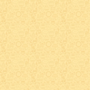 May include: A seamless pattern featuring a variety of cute, hand-drawn illustrations in a light yellow color. The pattern includes animals, toys, and other baby-related objects.