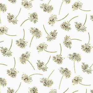 May include: A white background with a repeating pattern of gold-colored flower sprigs. The flowers are stylized and have a delicate, airy look.