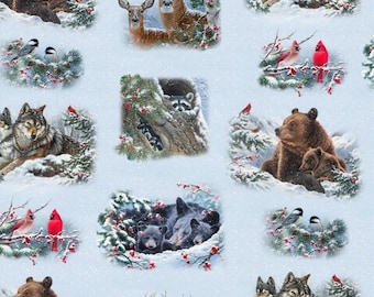 Winter Companions, Allover Animals Fabric by Elizabeth's Studio, Bears, Deer, Wildlife