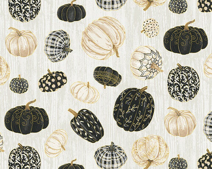 Fall Potpourri Tossed Pumpkins Gray Metallic Quilt Fabric, Henry Glass ...