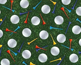 Pode incluir: Um padrão repetido de bolas de golfe brancas e tees coloridos em um fundo verde. Os tees são em tons de vermelho, amarelo e azul. As bolas de golfe têm uma superfície com covinhas.