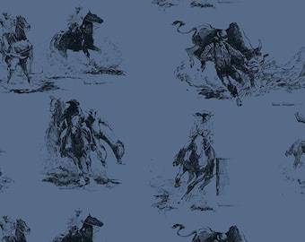 Pode incluir: Um tecido azul com um padrão repetido de ilustrações em preto e branco de pessoas montando cavalos e touros. As ilustrações são de estilo vintage.