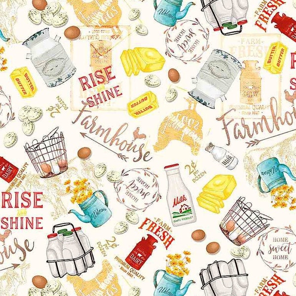 Farmhouse Text Words and Imagery Fabric by Timeless Treasures, Milk, Eggs Fabric, Farm Fresh