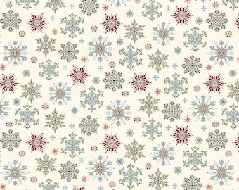 May include: A repeating pattern on a cream background featuring various snowflake designs in shades of deep red, forest green, and muted blue. The snowflakes are intricate, with some incorporating small leaf-like shapes and dots.