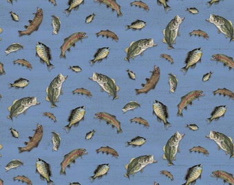 Fishing Fabric, At The Lake Fish Blue Fabric by Riley Blake Designs, Quilting Cotton