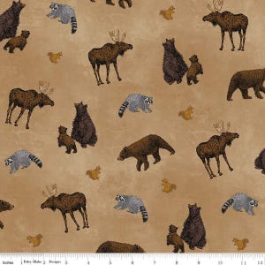Pine Grove Animal Toss Tan Fabric by Riley Blake Designs, Wildlife, Moose, Racoons and Bears