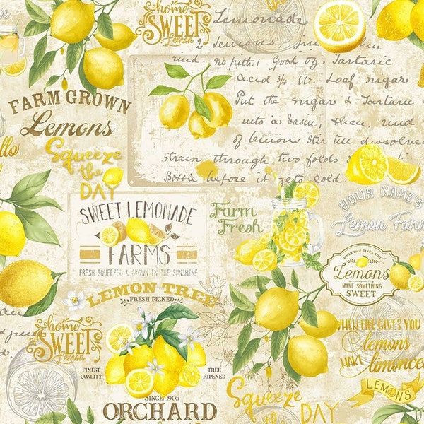 Lemon Bouquet, Lemon Farm Collage Fabric by Timeless Treasures