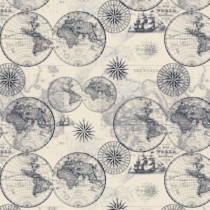Old World Ocean Maps Fabric by David Textiles, Old Maps, Quilting Fabric
