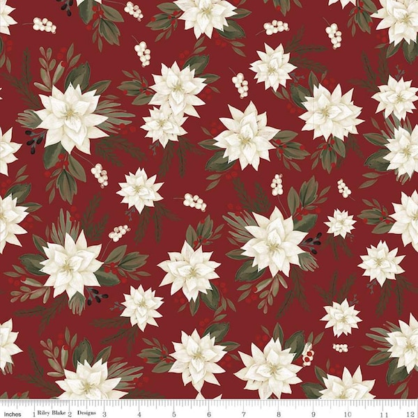 Farmhouse Christmas Fabric by Riley Blake, White Poinsettias Flowers on Red