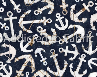 Welcome to the Beach Fabric by Timeless Treasures, Anchors, Navy Blue, Quilting Fabric