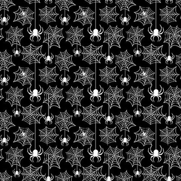 Olde Salem's Black Hat Society Halloween Fabric by Henry Glass, Spiderwebs on Black Glow in the Dark