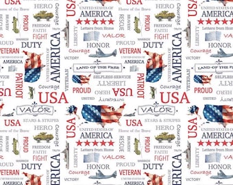 Letters from Home Text White by Riley Blake Designs, Patriotic Military Fabric, Quilting fabric