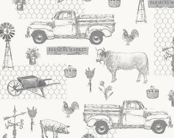 Farmer's Market Fabric Farm Toile on White, Windham Fabrics, Farm Animals, Cows