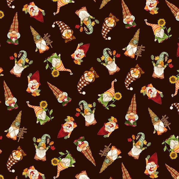 Hello Fall Cute Harvest Gnomes Fabric by Timeless Treasures, Brown