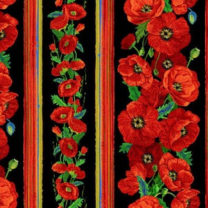 Poppy Dreams Fabric by Timeless Treasures, Poppy 11&quot; Stripe, Cotton Quilting Fabric