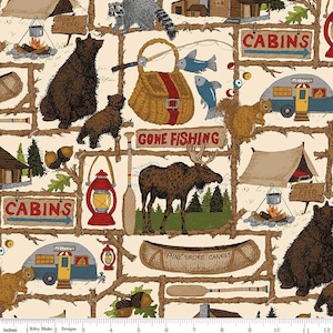 Pine Grove Main Putty Fabric by Riley Blake Designs, Cabin, Camping, Bears, Moose, Quilting Fabric