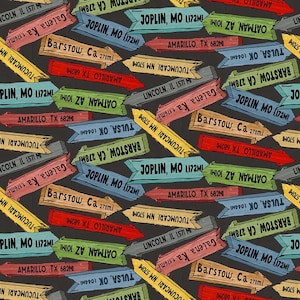 Adventure Awaits Fabric by Blank Quilting, City Signs, Road Signs, Route 66, Road Trip