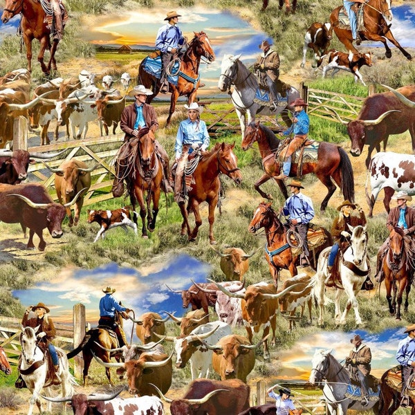 Big Sky Country Fabric by Michael Miller, Multi Western, Cowboy and Cowgirl Cattle Drive