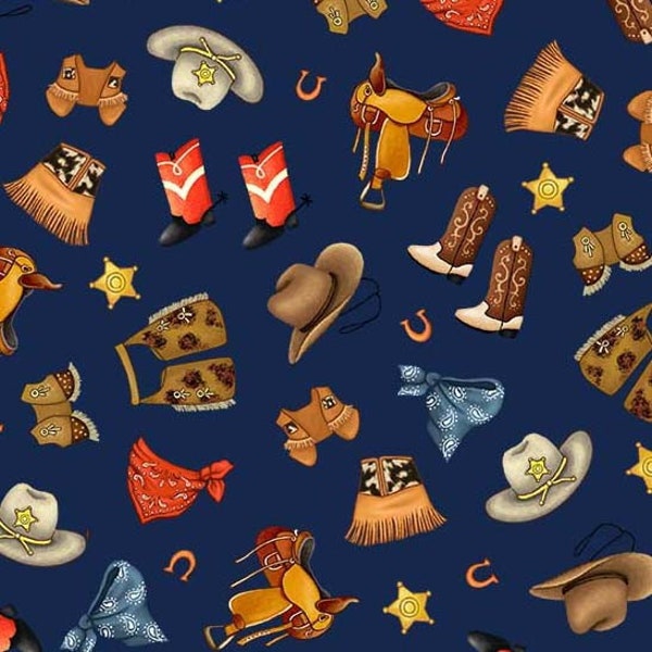 Rootin Tootin Fabric by Michael Miller, Saddle Up, Western Cowboy, Children, Retro Look, Navy, Accessories