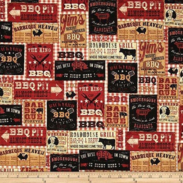 Spice BBQ Signs Fabric by Robert Kaufman, Cooking, Brisket, Barbeque, Smokehouse