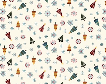 May include: A cream-colored fabric featuring a repeating pattern of stylized Christmas trees in red, green, blue, and yellow, interspersed with intricate blue and red snowflake designs. The trees are decorated with small white dots and stars.