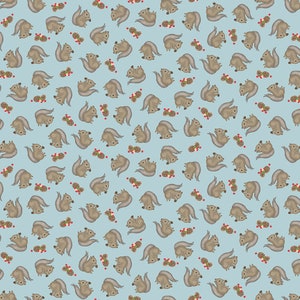 May include: A seamless pattern featuring a repeating design of gray squirrels with bushy tails on a light blue background. The squirrels are facing different directions and are surrounded by small red berries and brown pine cones.