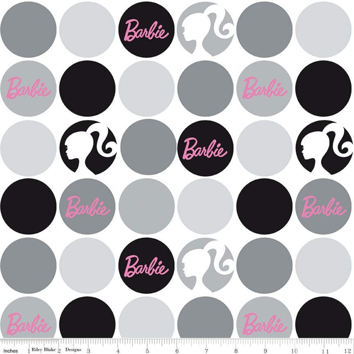 Barbie Black and Gray Dots on White Fabric by the Yard or Half
